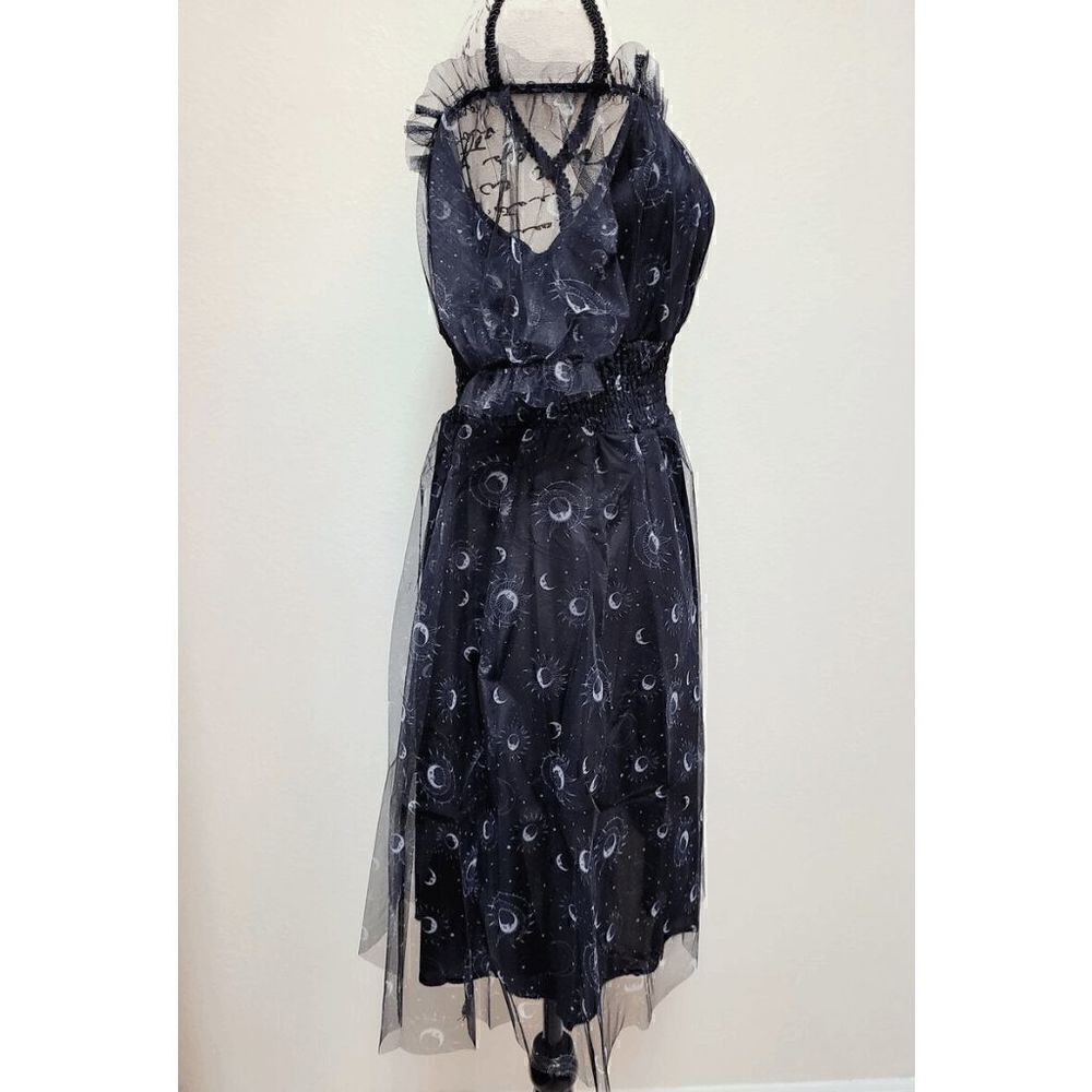 Off Shoulder Goth Witch Moon Print Contrast Mesh Flared Shirred Dress L NWT - Picture 8 of 16